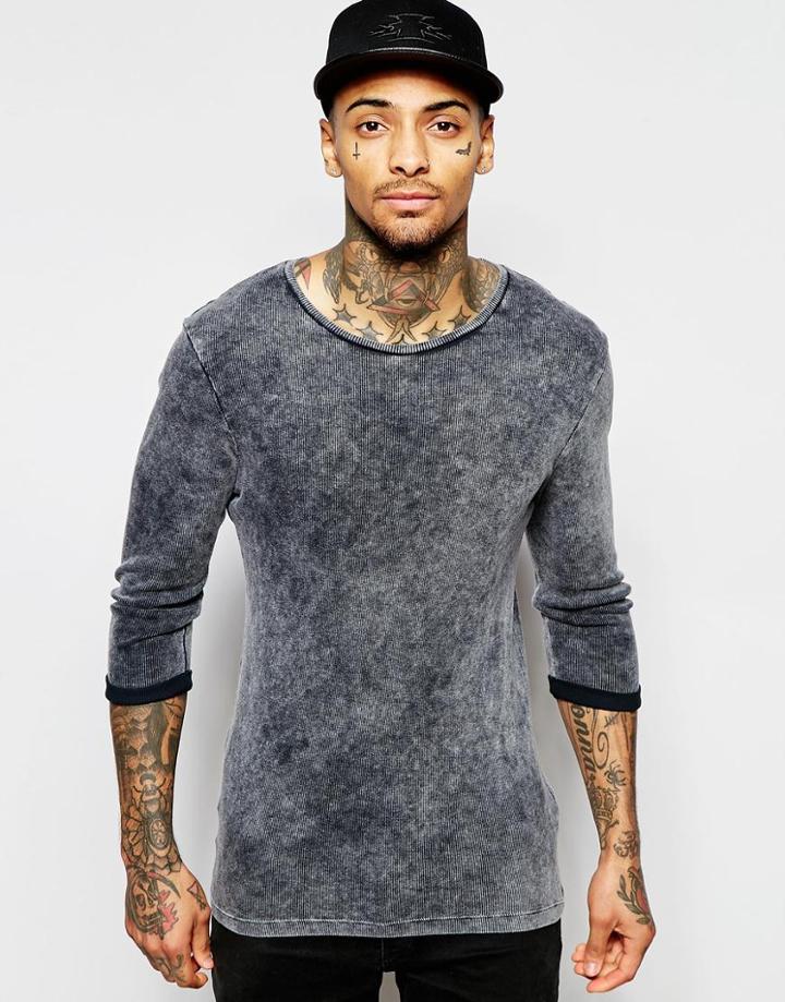 Asos Rib Jersey Extreme Muscle 3/4 Sleeve T-shirt With Acid Wash - Black