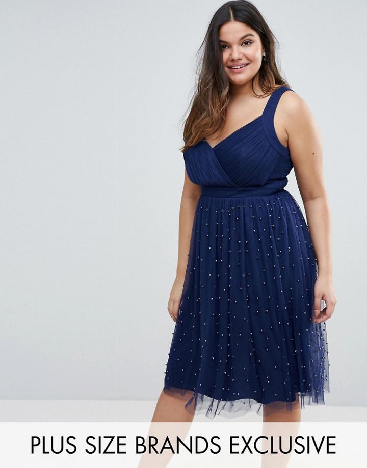 Little Mistress Plus Skater Dress With Pearl Embellished Skirt - Navy