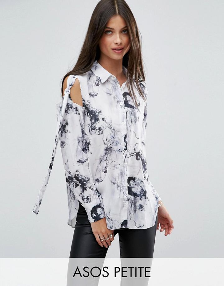 Asos Petite Tie Shoulder Blouse In Marble Print - Multi