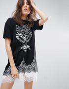 Asos Punk Front Print Lace Insert T-shirt Dress - Black