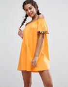 Asos Off Shoulder Swing Sundress With Bright Pom Poms - Orange