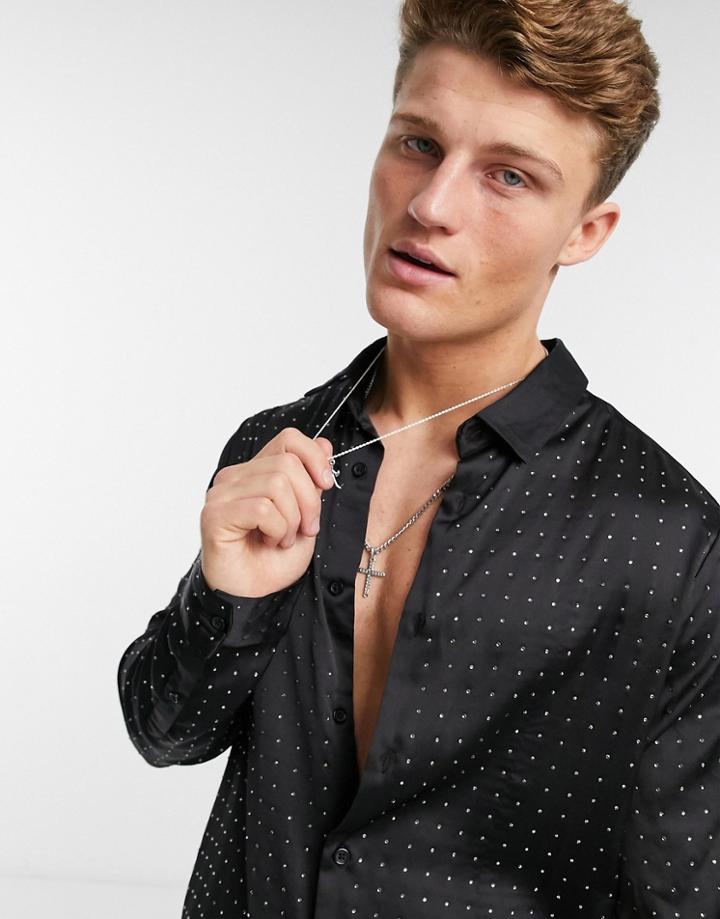 Asos Design Satin Shirt With Diamonte Embellishment-black