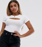 Asos Design Petite Top In Rib With Cutout Detail In White