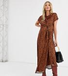 Asos Design Maternity Cowl Neck Tie Waist Midi Dress In Tortoiseshell Print-multi