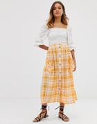 Asos Design Textured Gingham Midi Skirt With Button Front-multi