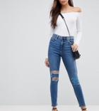 Asos Ridley High Waist Skinny Jeans In Tana Extreme Mid Wash With Busted Knee And Rip & Repair Detail - Blue