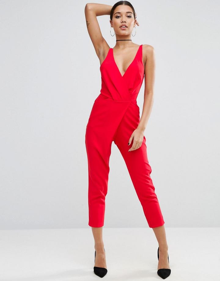 Asos Cami Wrap Jumpsuit With Peg Leg - Red