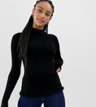 Miss Selfridge Ribbed Long Sleeve Top With Lettuce Hem In Black - Black