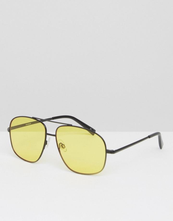 Asos Metal Square Aviator Sunglasses In Black With Yellow Colored Lens - Black