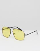 Asos Metal Square Aviator Sunglasses In Black With Yellow Colored Lens - Black