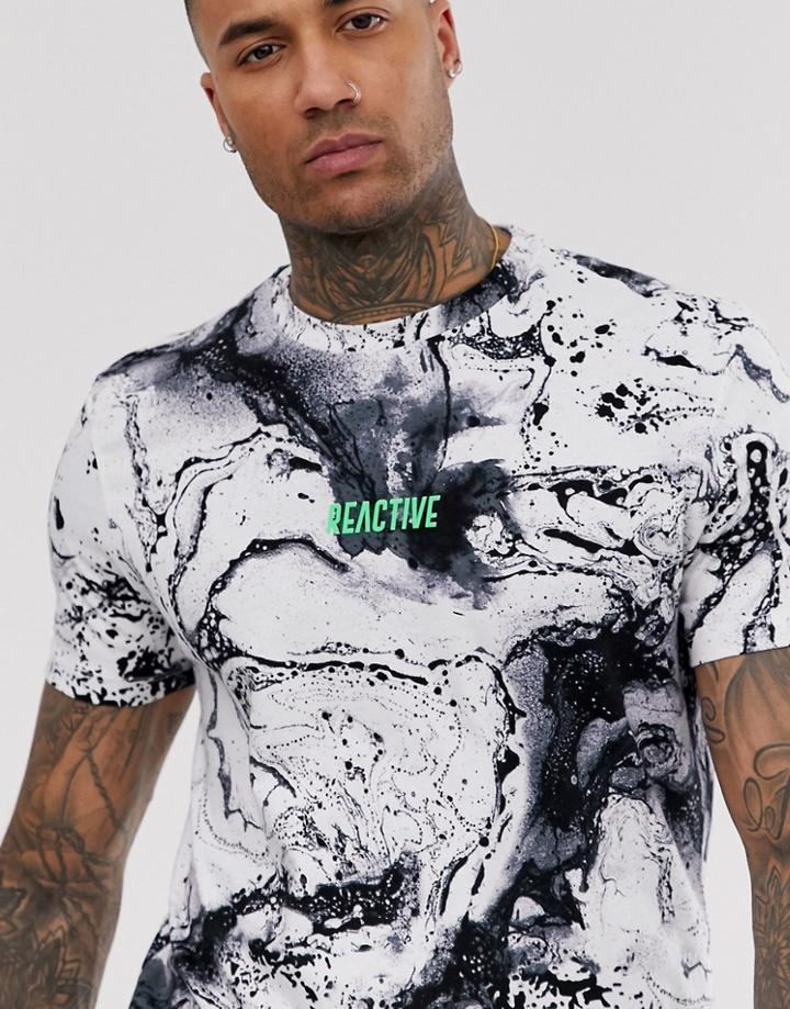 Bershka T-shirt With Chest Print In Black Ink Wash - White