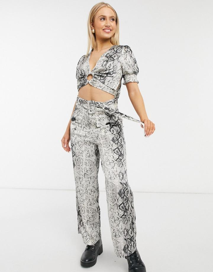 Moon River High Waist Belted Flared Pants In Snake Print-brown