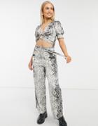 Moon River High Waist Belted Flared Pants In Snake Print-brown