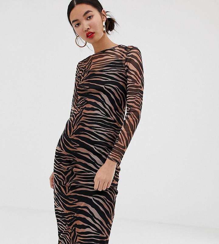New Look Midi Dress With Mesh In Tiger Print-black