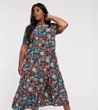 Neon Rose Plus Maxi Tea Dress With Balloon Sleeves In Vintage Floral-black