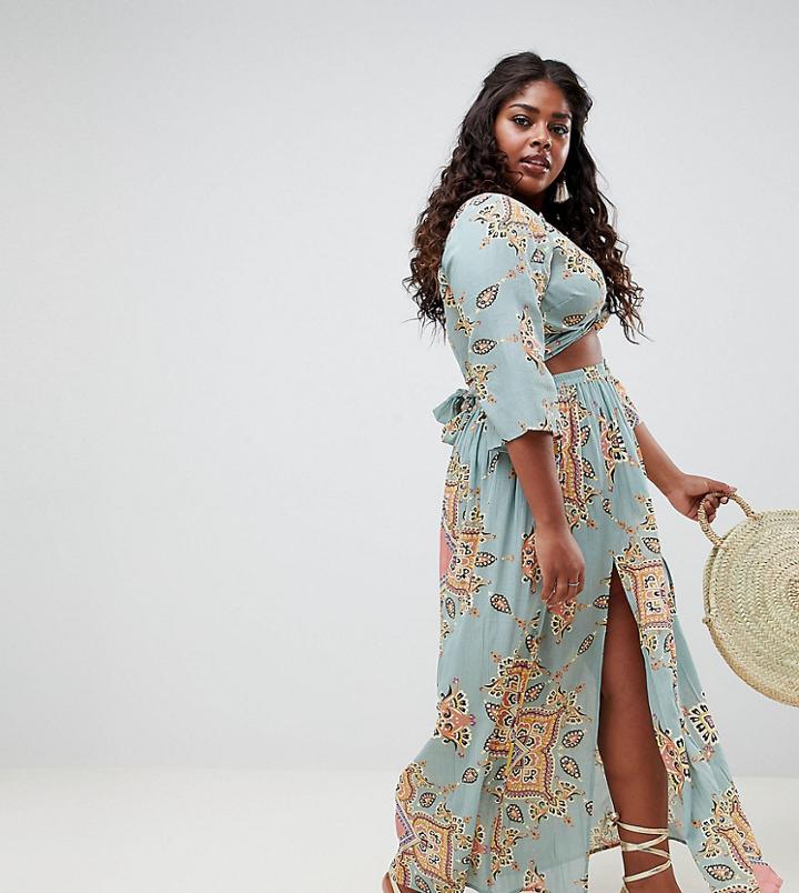 Asos Design Curve Mint Paisley Print Two-piece Maxi Skirt With Split Front - Multi
