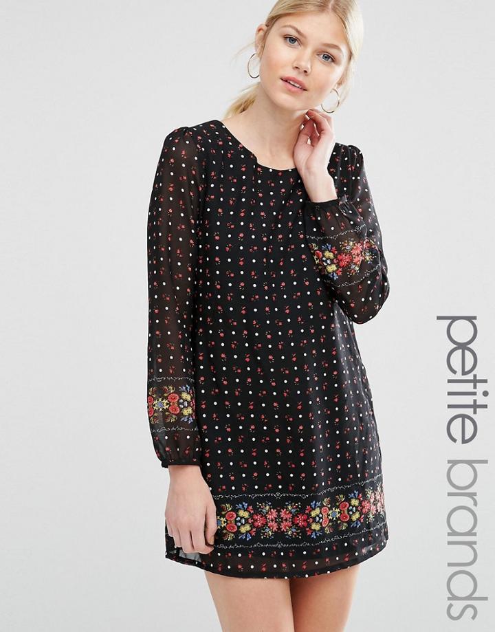 Yumi Petite Shift Dress In Floral Polka Border Print - Black