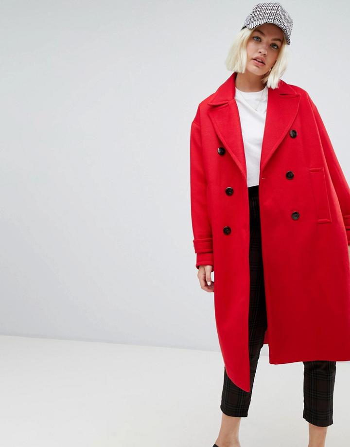 Pull & Bear Single Breasted Smart Coat In Red - Red