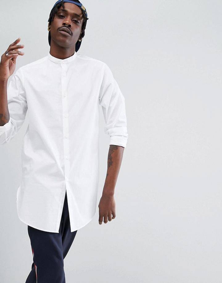 Asos Regular Fit Super Longline Shirt In White With Grandad Collar - White