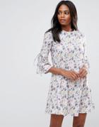 Qed London Floral Shift Dress With Fluted Sleeve - Multi