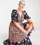 Asos Design Curve Midi Wrap Dress With Puff Sleeves In Mixed Animal And Flower Print-multi