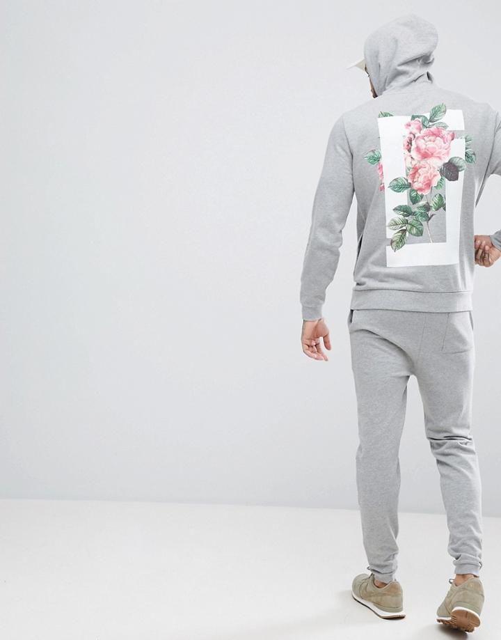 Asos Tracksuit Skinny Jogger/ Hoodie With Floral Print - Gray