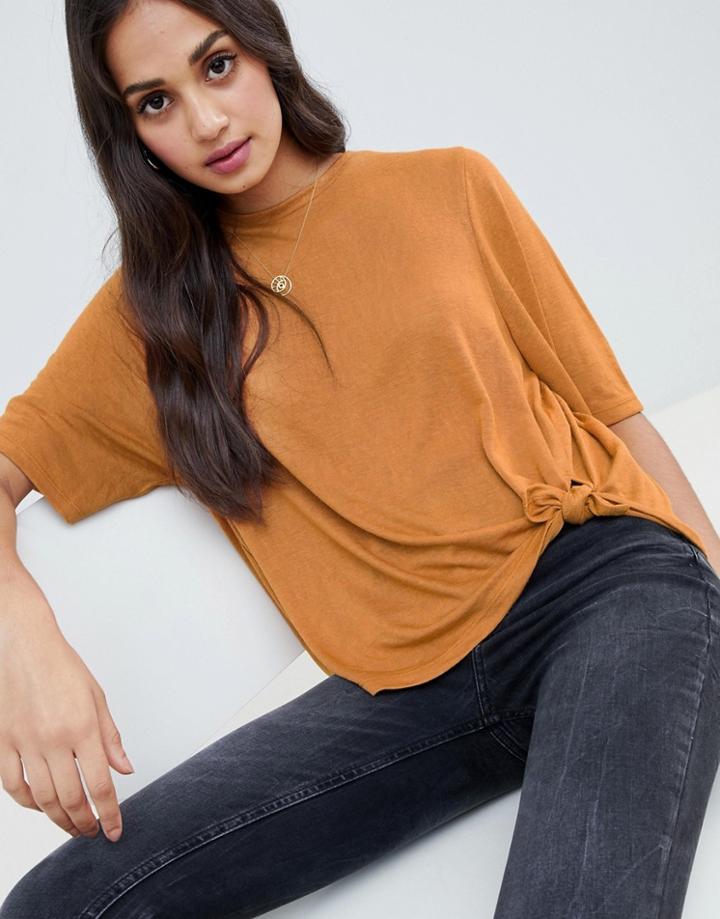 Asos Design Relaxed T-shirt With Knot Side - Brown