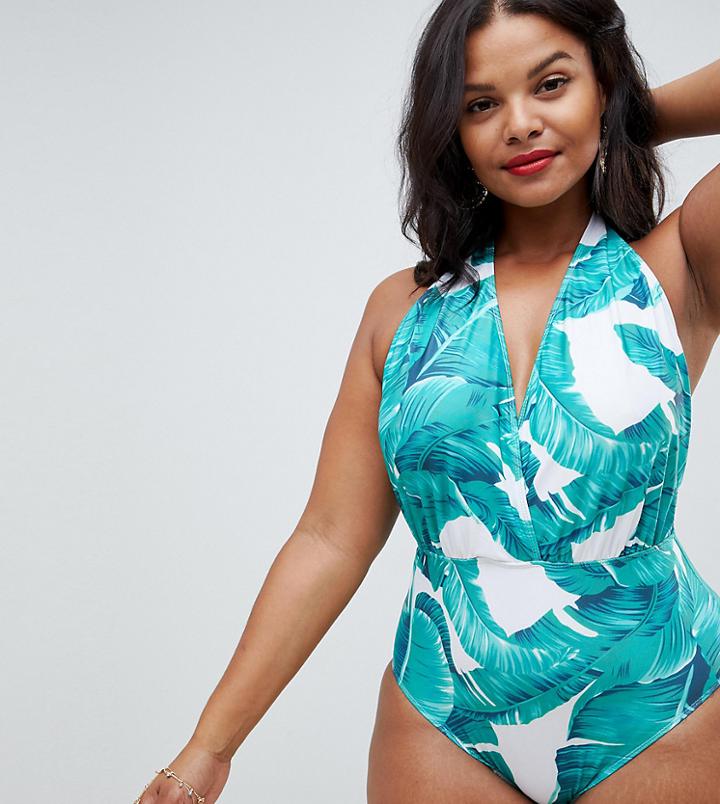 Unique21 Hero Halterneck Swimsuit In Leaf Print - Multi