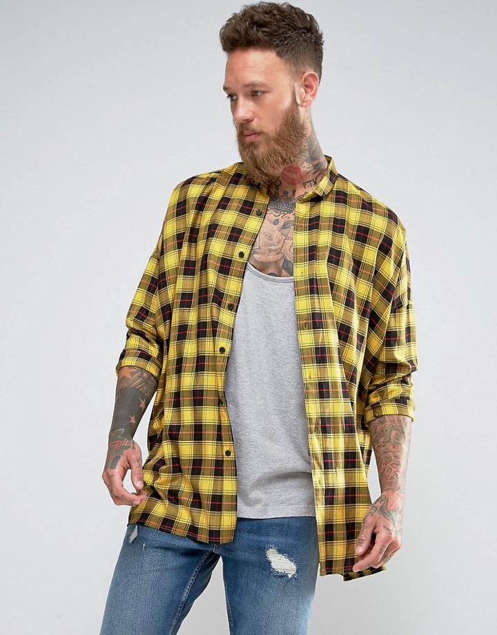 Asos Oversized Longline Viscose Check Shirt With Dropped Shoulder - Yellow