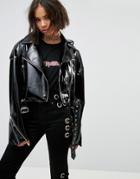 Asos Faux Leather Biker Jacket In Vinyl With Shoulder Pads - Black