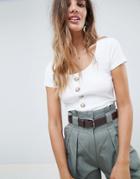 Asos Design Scoop Neck Top In Rib With Buttons - White