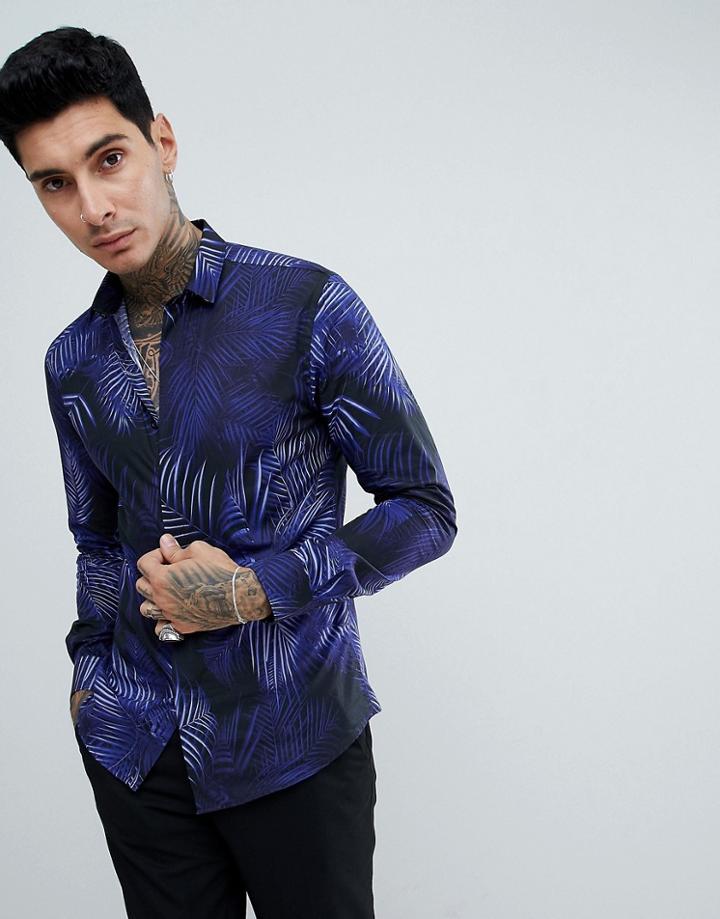 Twisted Tailor Skinny Long Sleeve Shirt In Black Palm Print - Black