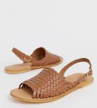 Asos Design Wide Fit Fraction Leather Woven Flat Sandals-tan