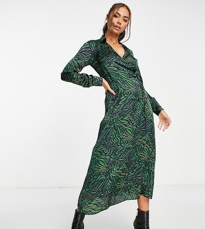 Stradivarius Wrap Detail Midi Satin Dress In Green Abstract Animal Print