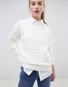 Wild Flower Ribbed Sweater With Pearl Embellishment - Cream