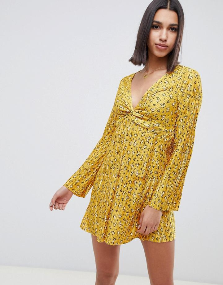 Asos Design Ditsy Print Plisse Skater Dress With Twist Front - Multi