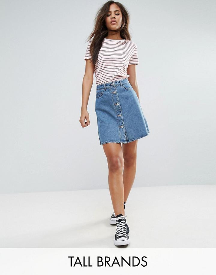 Noisy May Tall Button Front Denim Mini Skirt - Blue