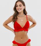 Lost Ink Faux Fur Bikini Top In Red - Red