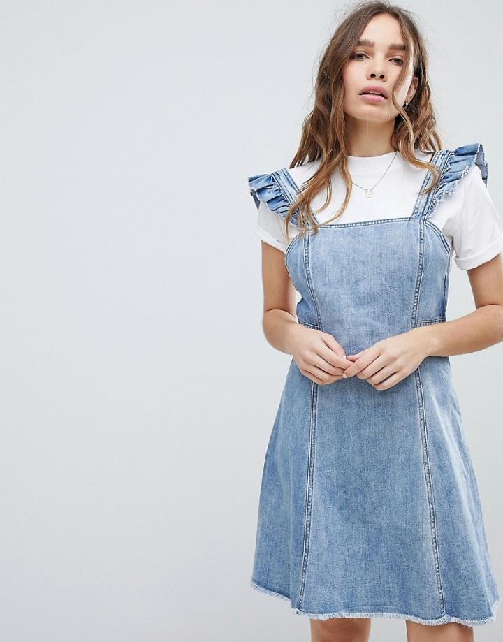 Only Cami Ruffle Denim Mini Pinafore-blue