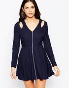 Madam Rage Zip Front Dress With Shoulder Cut Outs - Blue