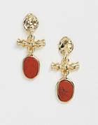 Asos Design Earrings With Bamboo Bar And Genuine Semi-precious Stone In Gold Tone