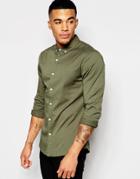 Asos Skinny Shirt In Green Twill With Long Sleeves - Green