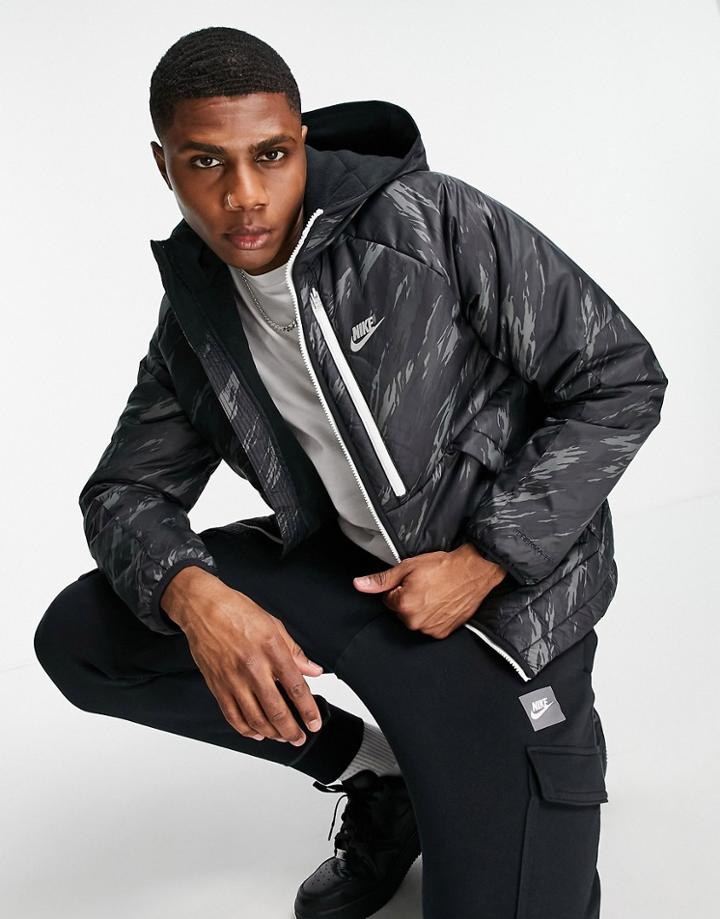 Nike Repel Therma-fit Camo Print Padded Jacket In Black - Black - Black