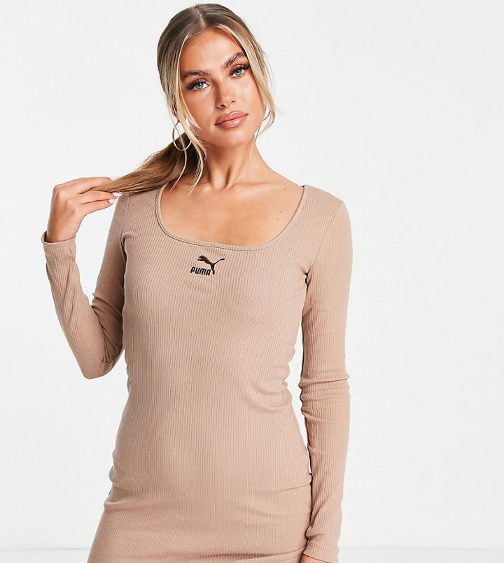 Puma Square Neck Ribbed Mini Dress In Chanterelle-brown