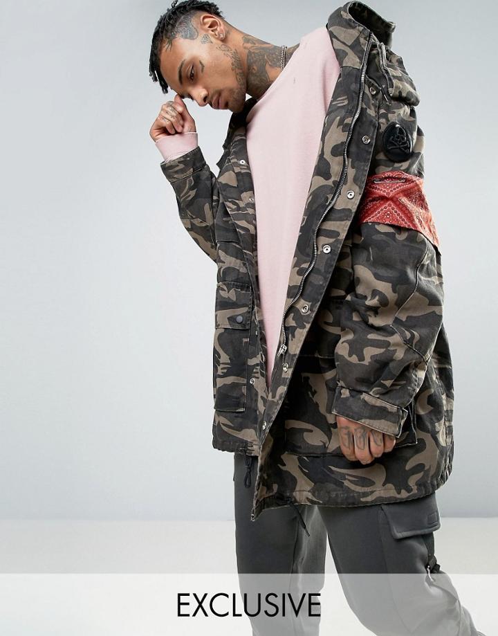 Mennace Camo Parka With Badge Detail - Green