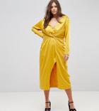 Ttya Black Plus Midi Wrap Dress With Knot Front-yellow