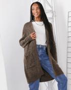 Selected Femme Long Cardigan In Brushed Knit In Brown