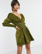 Asos Design Off-the-shoulder Ruched Mini Dress With Lace Up Detail-green