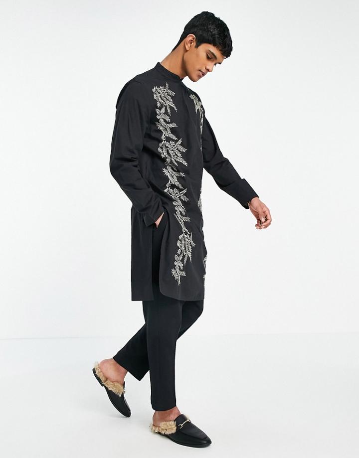 Asos Design Kurta Longline Shirt In Slub Cotton With Hand Embellishment In Black