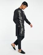 Asos Design Kurta Longline Shirt In Slub Cotton With Hand Embellishment In Black
